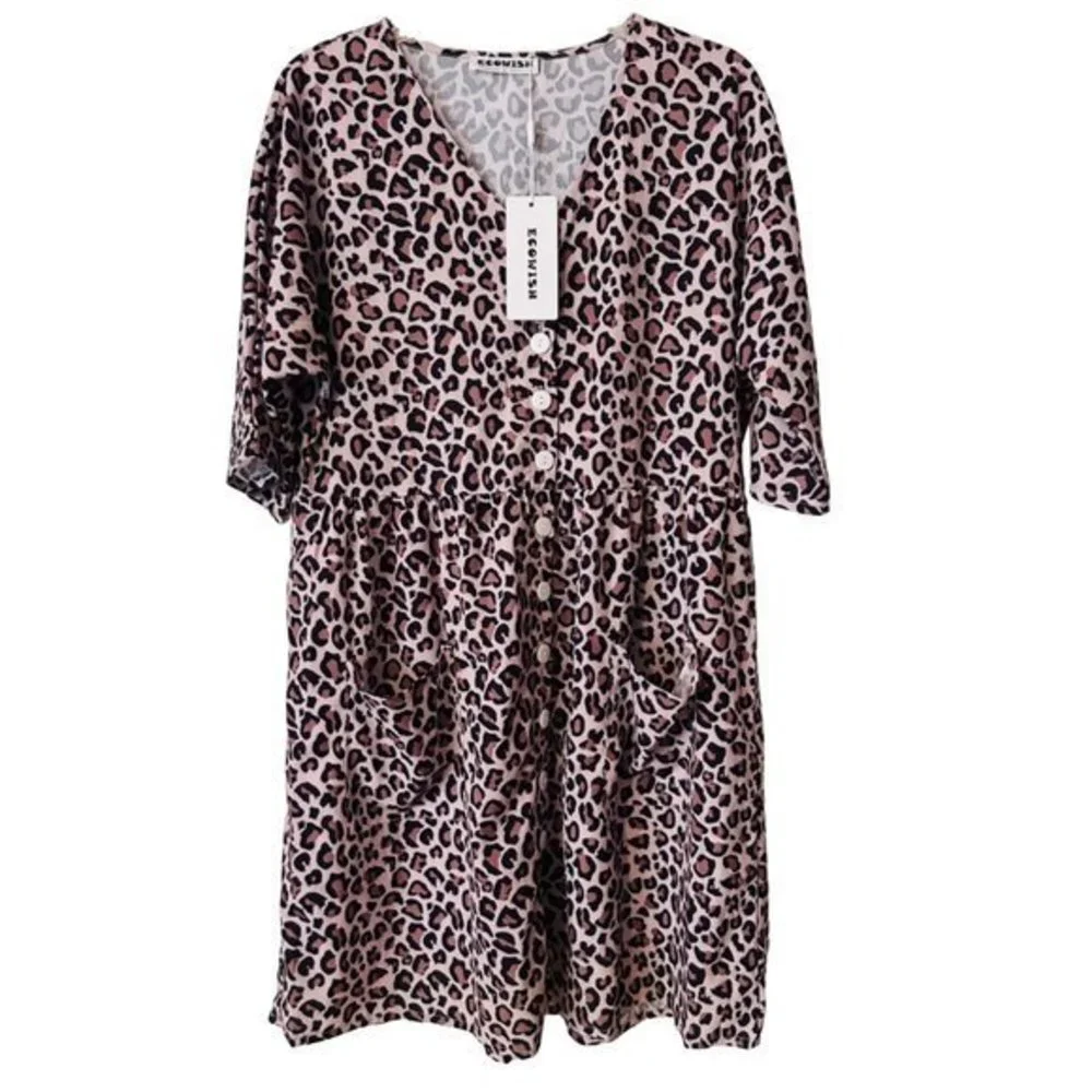 ECOWISH Animal Print Short Sleeve Button Detail Dress Women's Size Lg‎ NWT - Picture 3 of 13